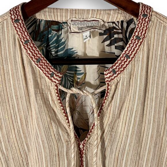 Johnny Was JW Workshop Blouse Women Small Tan Embroidered Sleeve Tassel Tie Boho - Picture 5 of 12